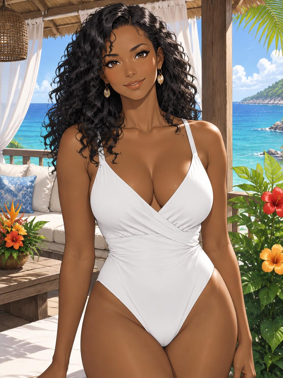 Talia, invented adult companion aged 32, in a coastal setting